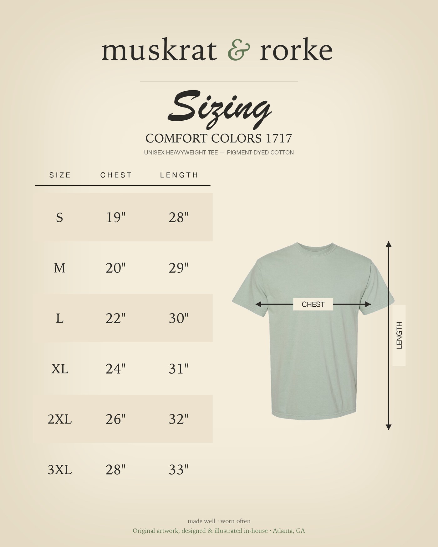 Comfort Colors 1717 sizing chart