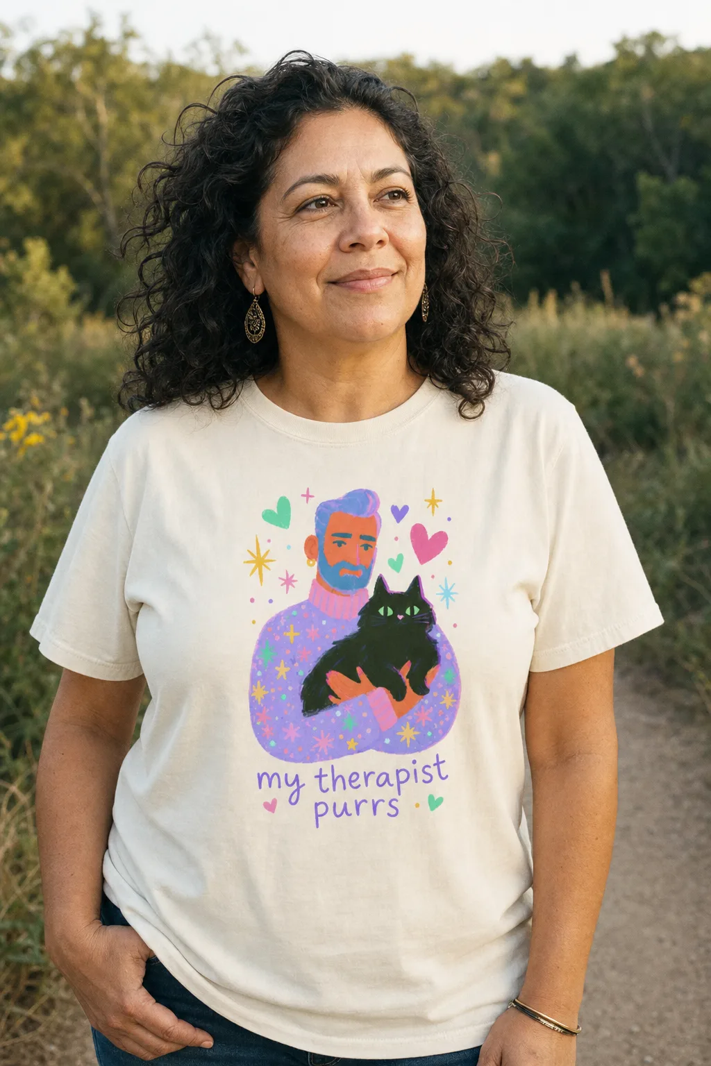 My Therapist Purrs tee, worn