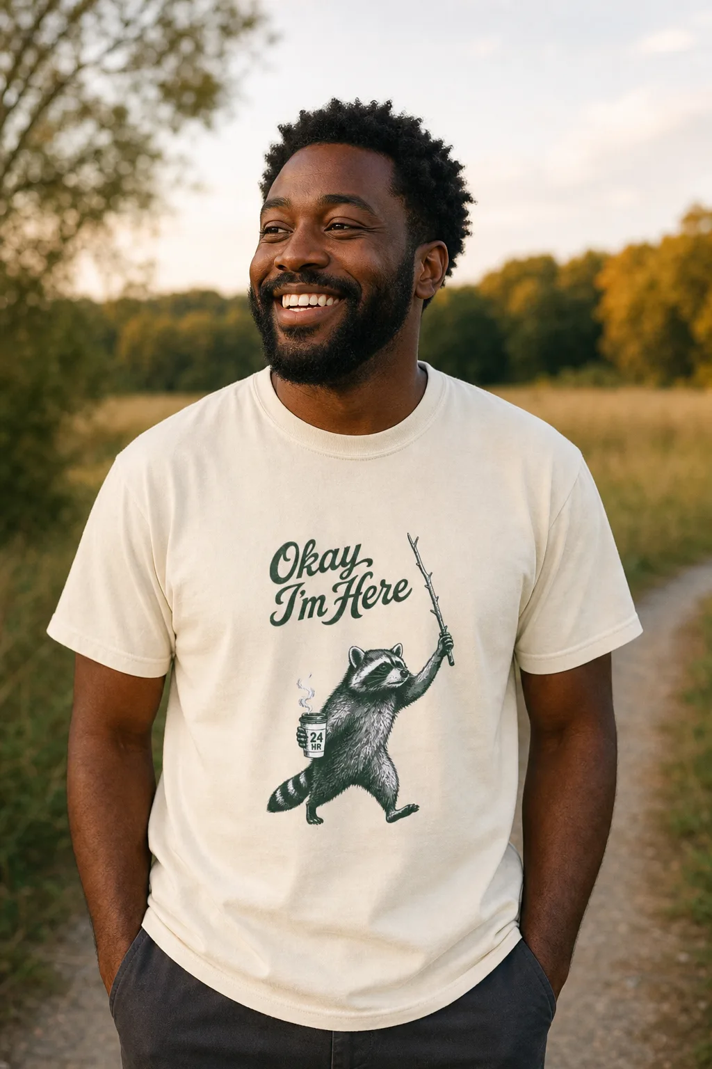 Okay, I'm Here tee, worn