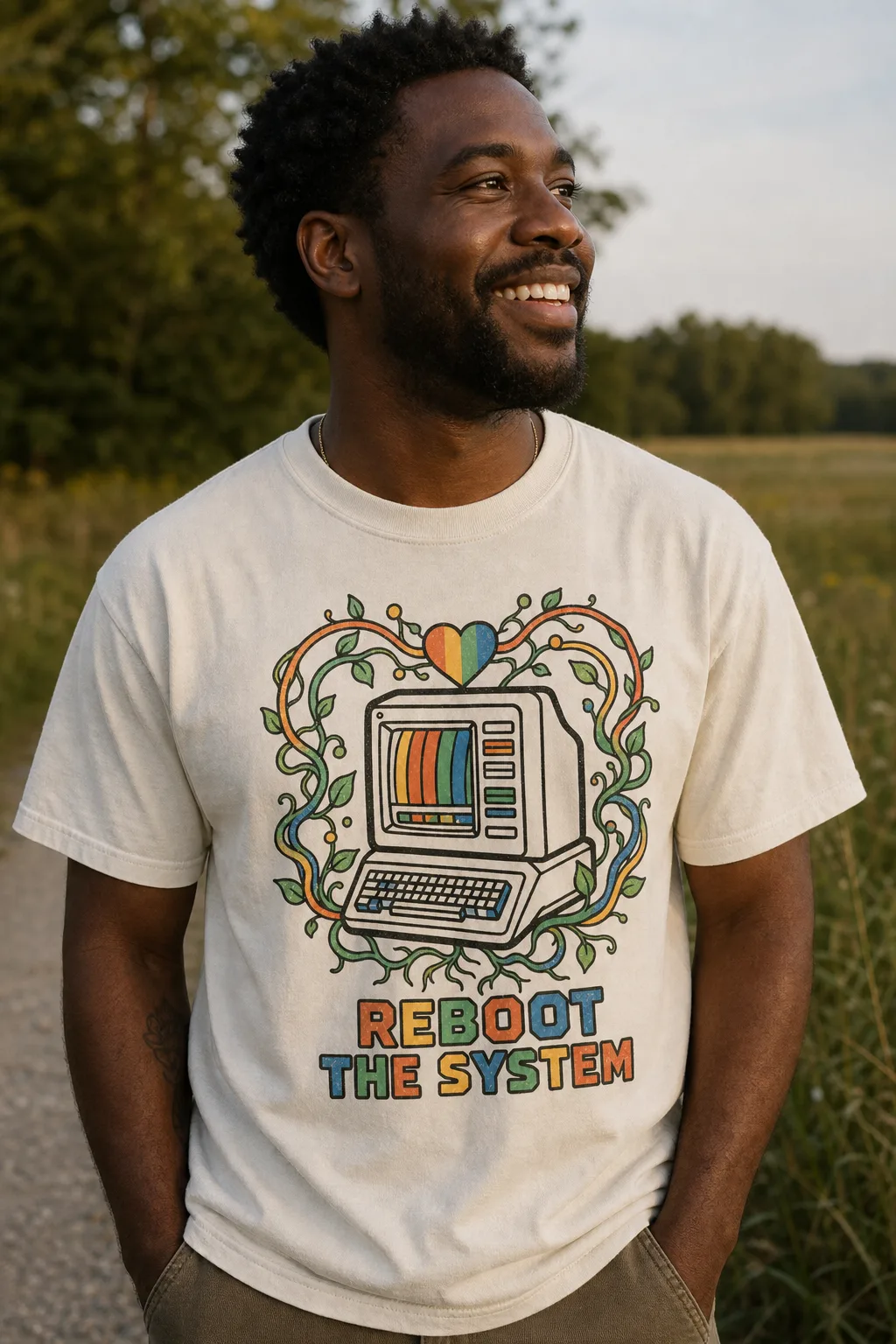 Reboot the System tee, worn