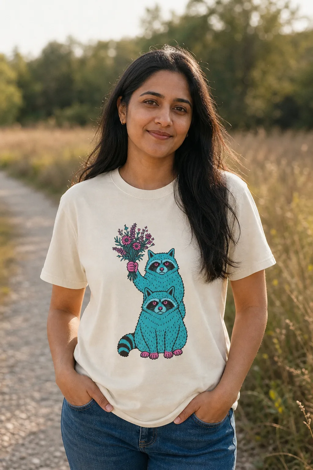 Wildflower Raccoons tee, worn