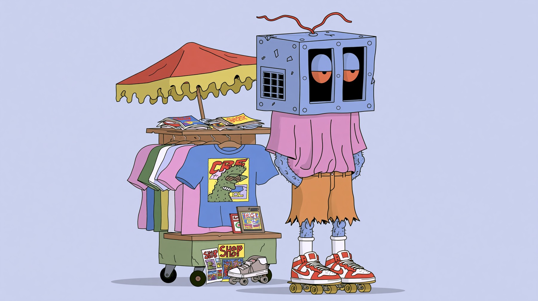 Cartoon of a box-headed robot character in a pink tee on roller skates, minding a t-shirt market cart